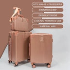 2 Malas Bordo Viagem + Frasqueira | Cadeado Numérico | Padrão ANAC | Rodinhas 360° |