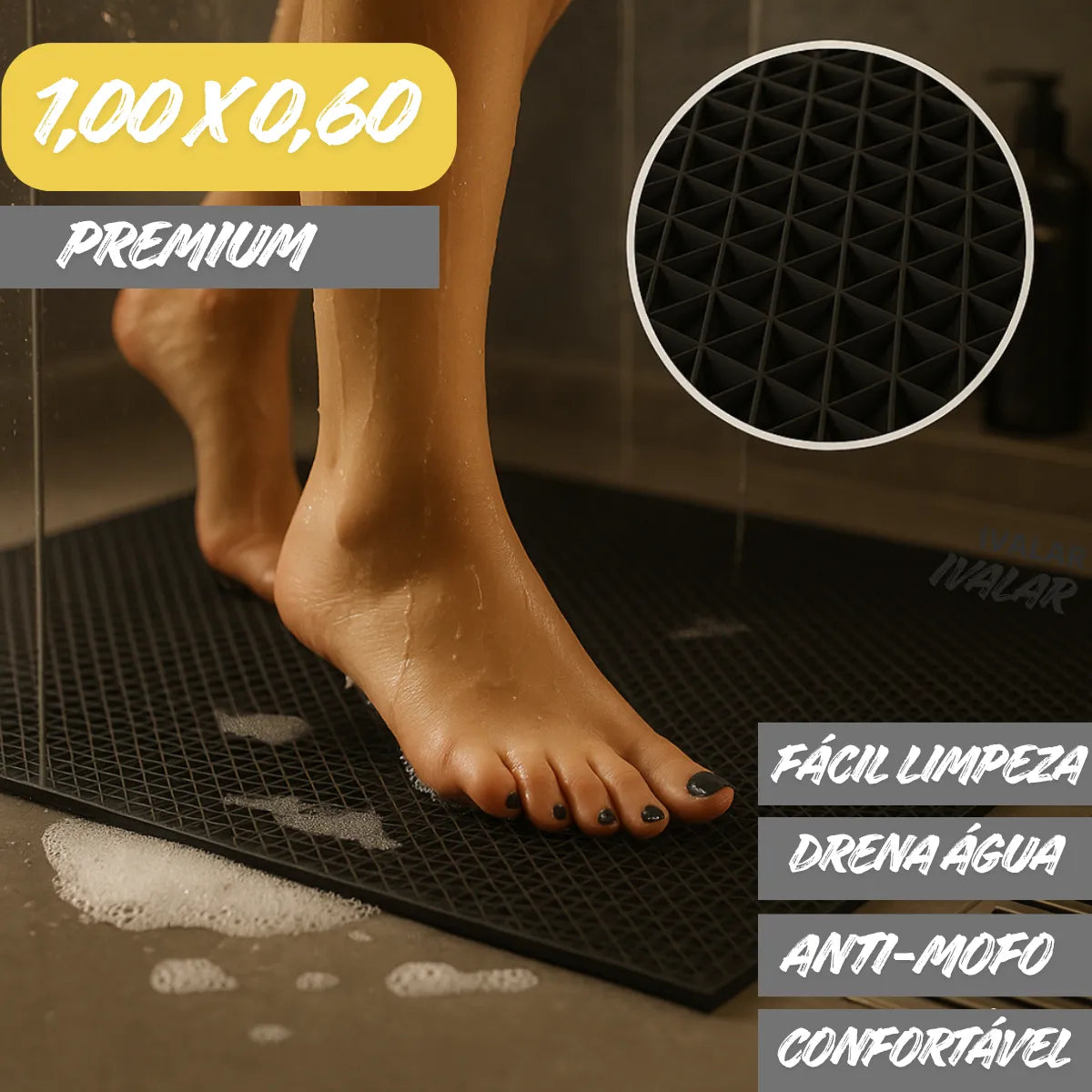 Tapete Vazado Antiderrapante para Banheiro Box Piscina Idoso 1,00 X 0,60 Ivalar